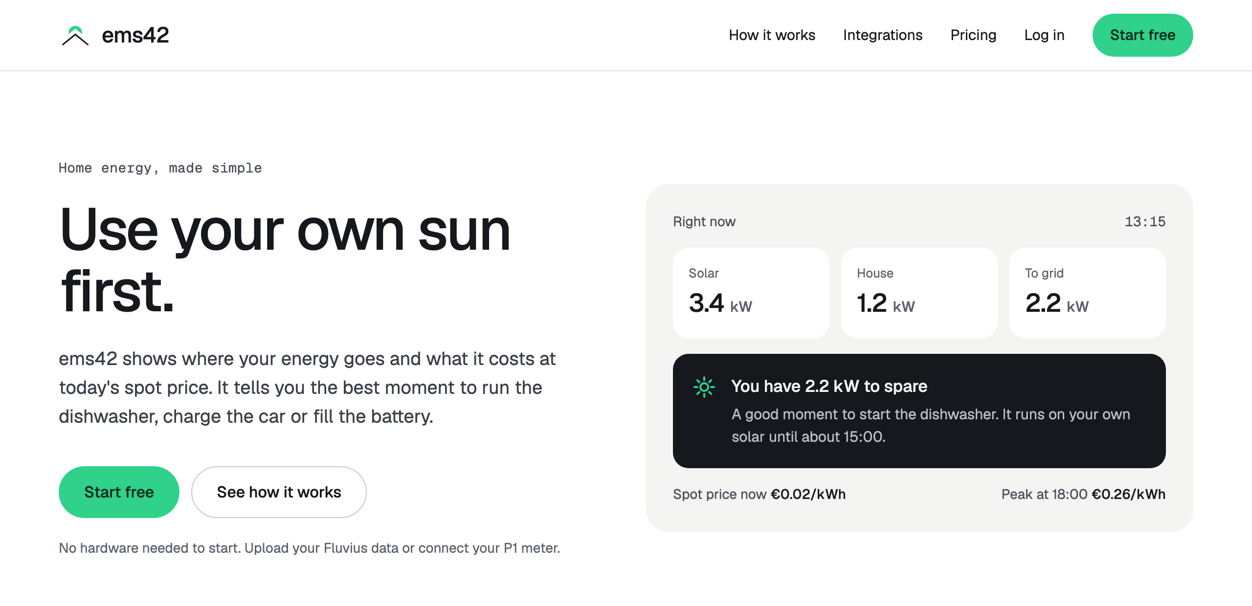 The top of the ems42 landing page: use your own sun first.